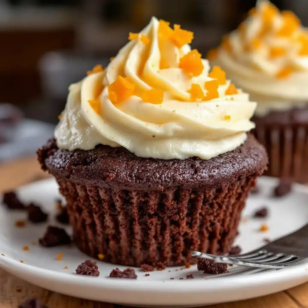 black velvet cupcakes with orange frosting - featured image