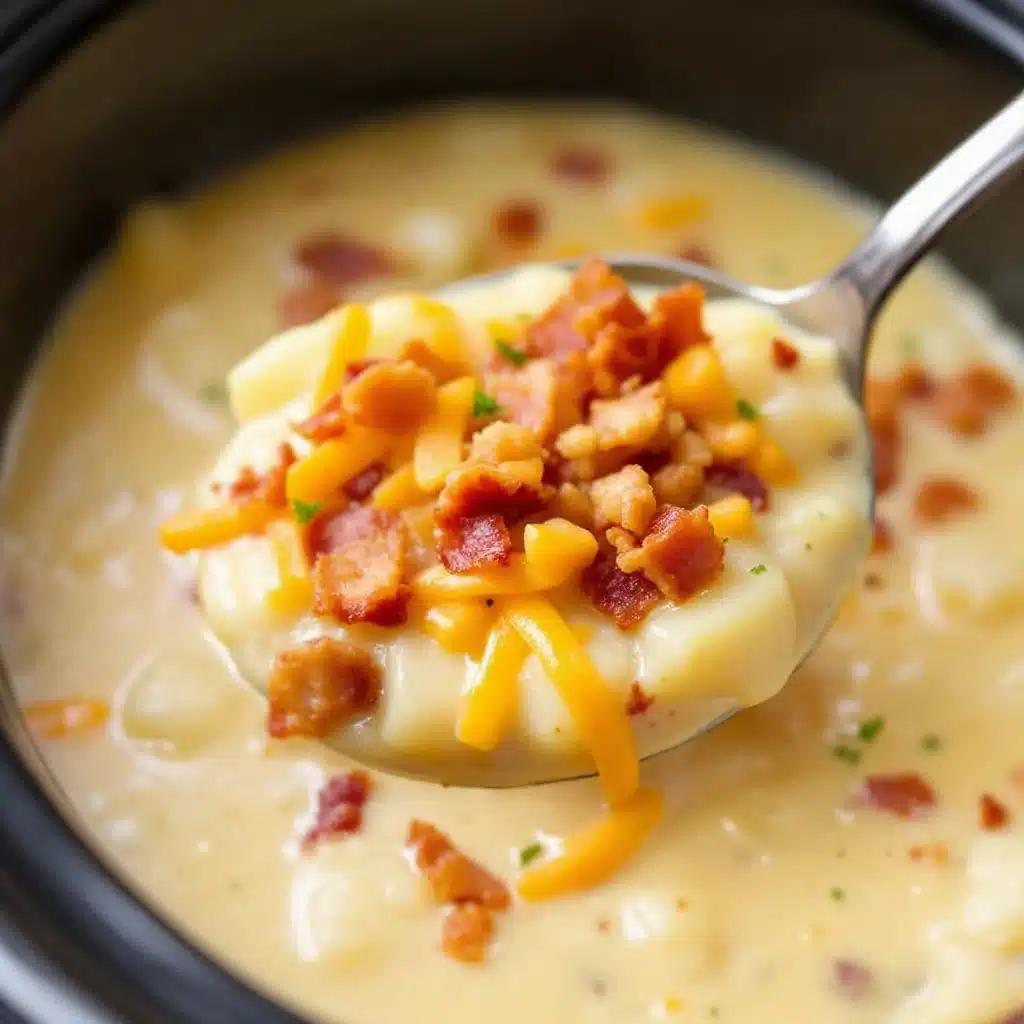 creamy crockpot potato soup with bacon and cheddar - featured image