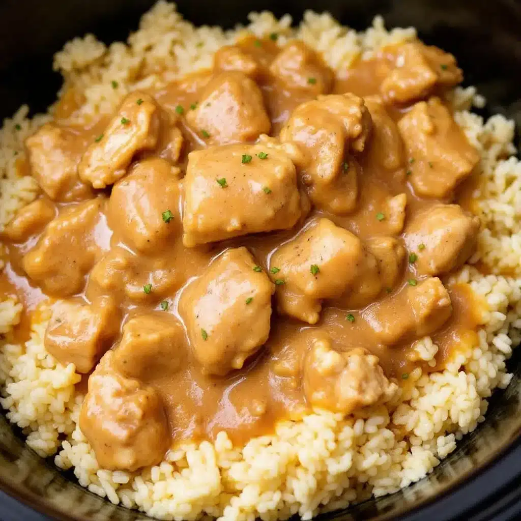 crockpot chicken and gravy over rice - featured image