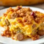 easy make-ahead breakfast casserole with sausage and hash browns - featured image