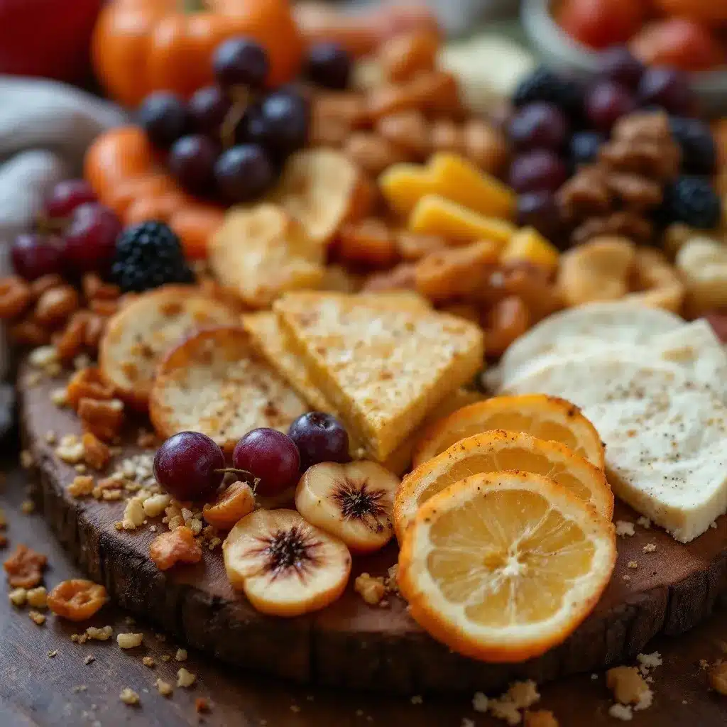 Friendsgiving charcuterie board with fall fruits preparation steps