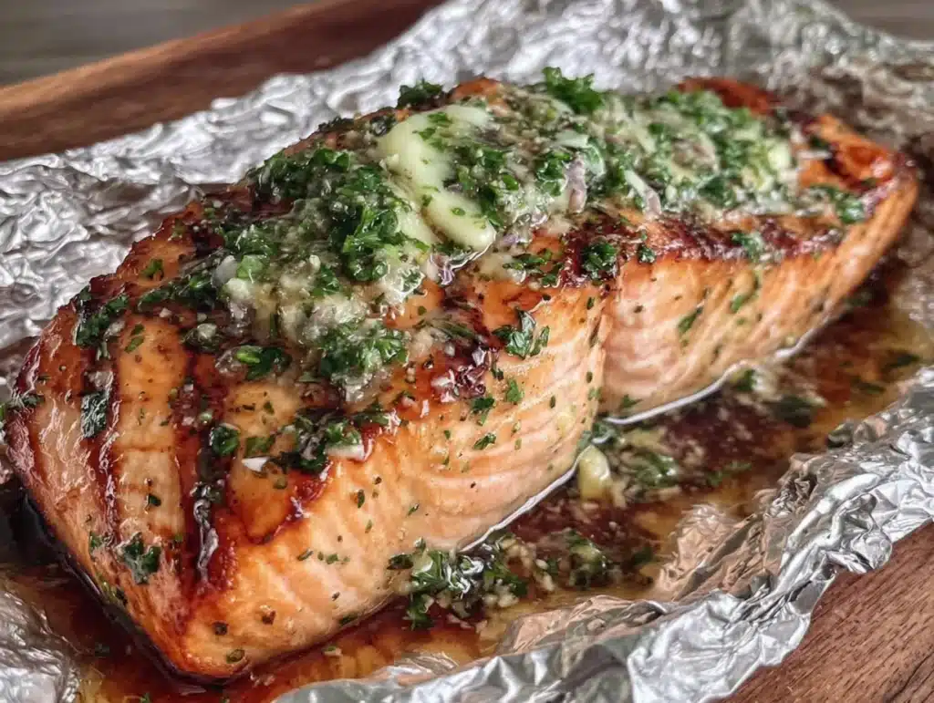 garlic butter salmon in foil - featured image