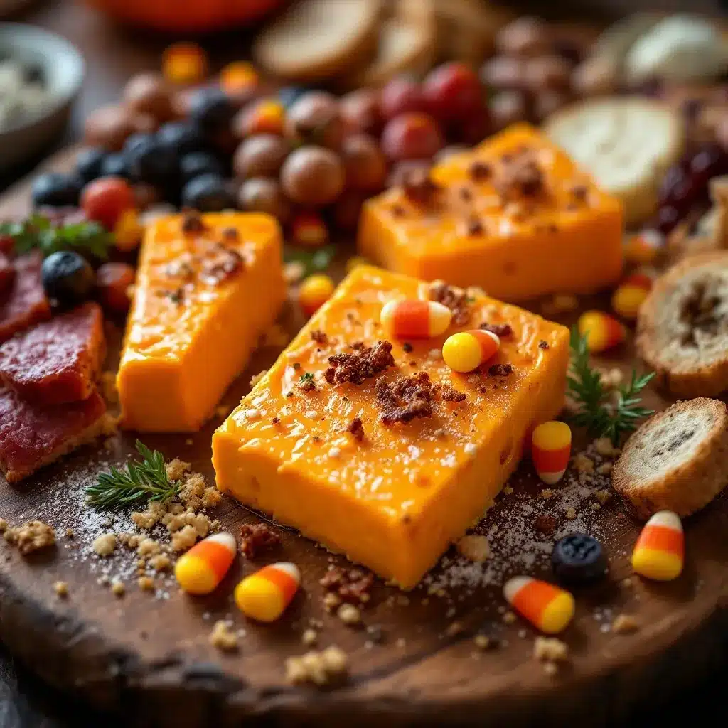 Halloween charcuterie board with candy corn cheese preparation steps