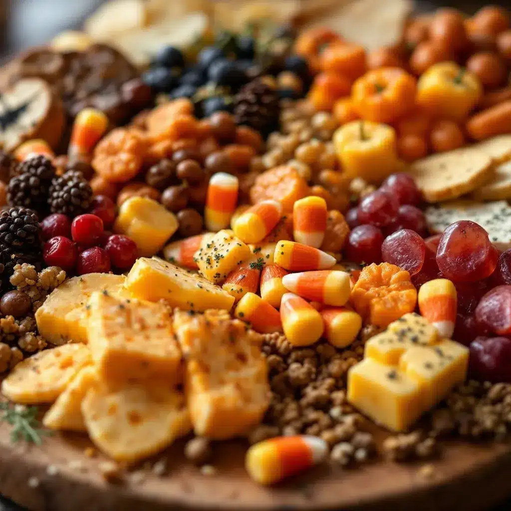 Halloween charcuterie board with candy corn preparation steps