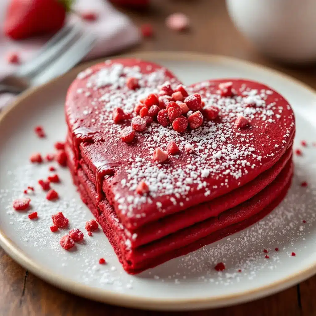 heart-shaped red velvet pancakes - featured image