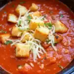 slow cooker tomato basil soup with grilled cheese croutons - featured image