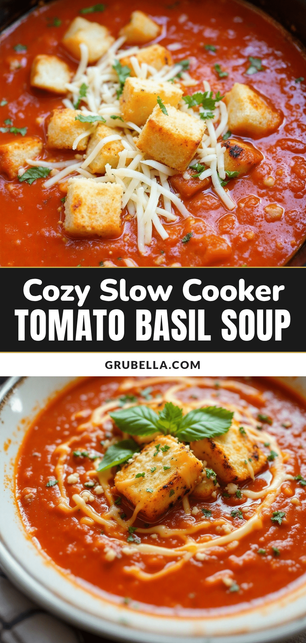 slow cooker tomato basil soup with grilled cheese croutons recipe