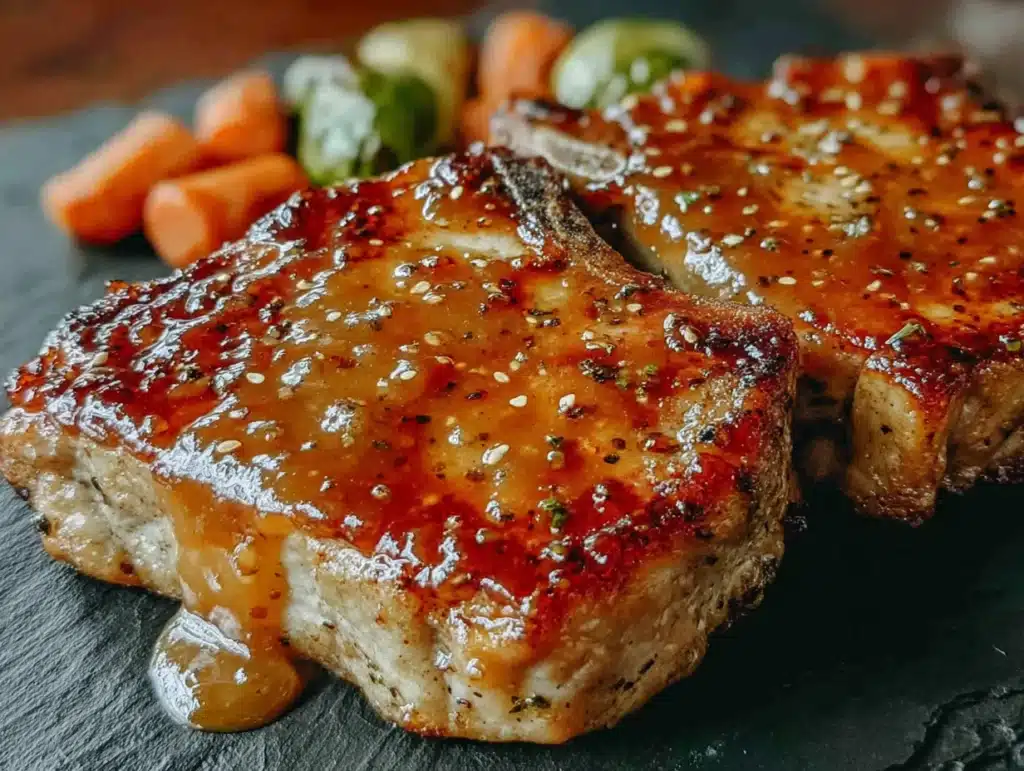 sticky honey mustard baked pork chops - featured image