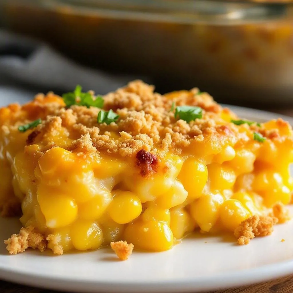 creamy sweet corn casserole with Jiffy mix - featured image