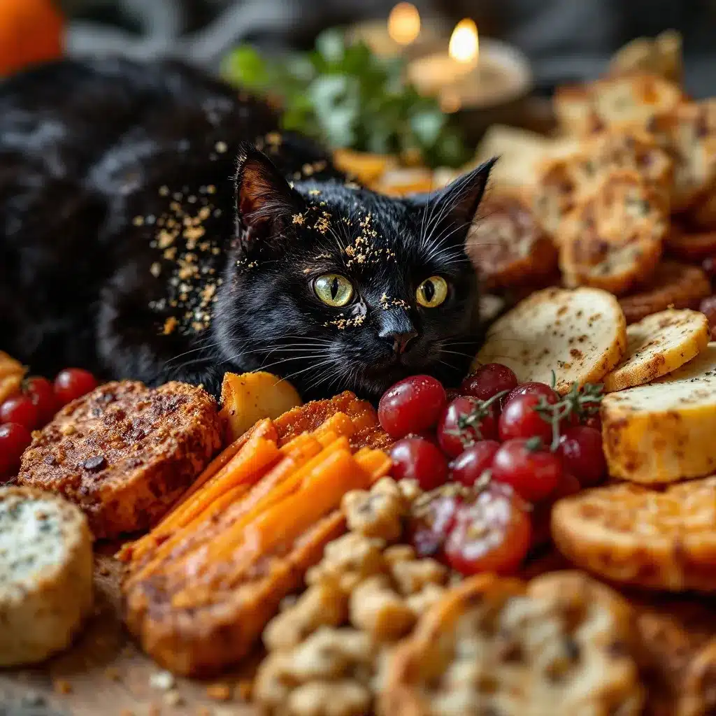 spooky black cat Halloween charcuterie board preparation steps