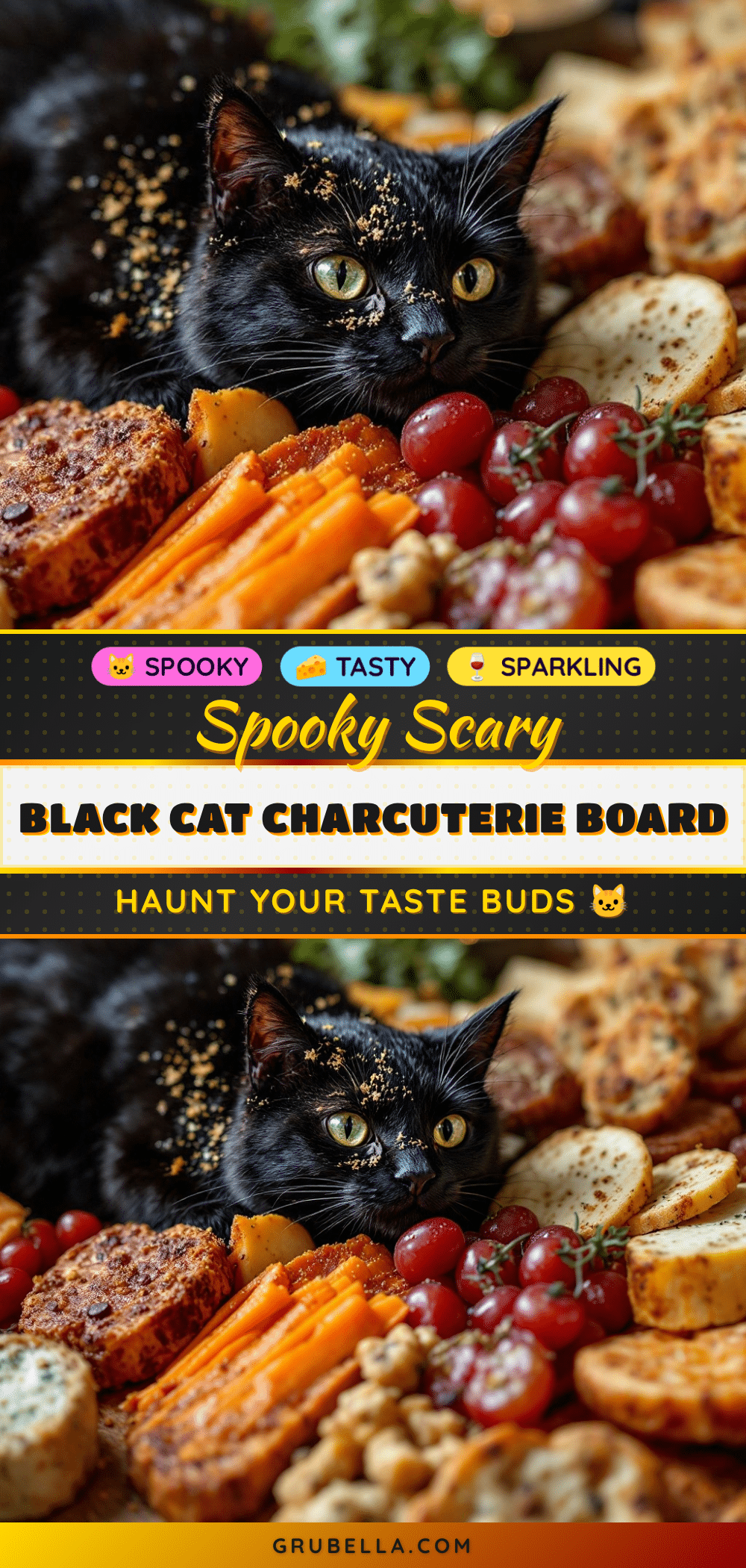 spooky black cat Halloween charcuterie board recipe